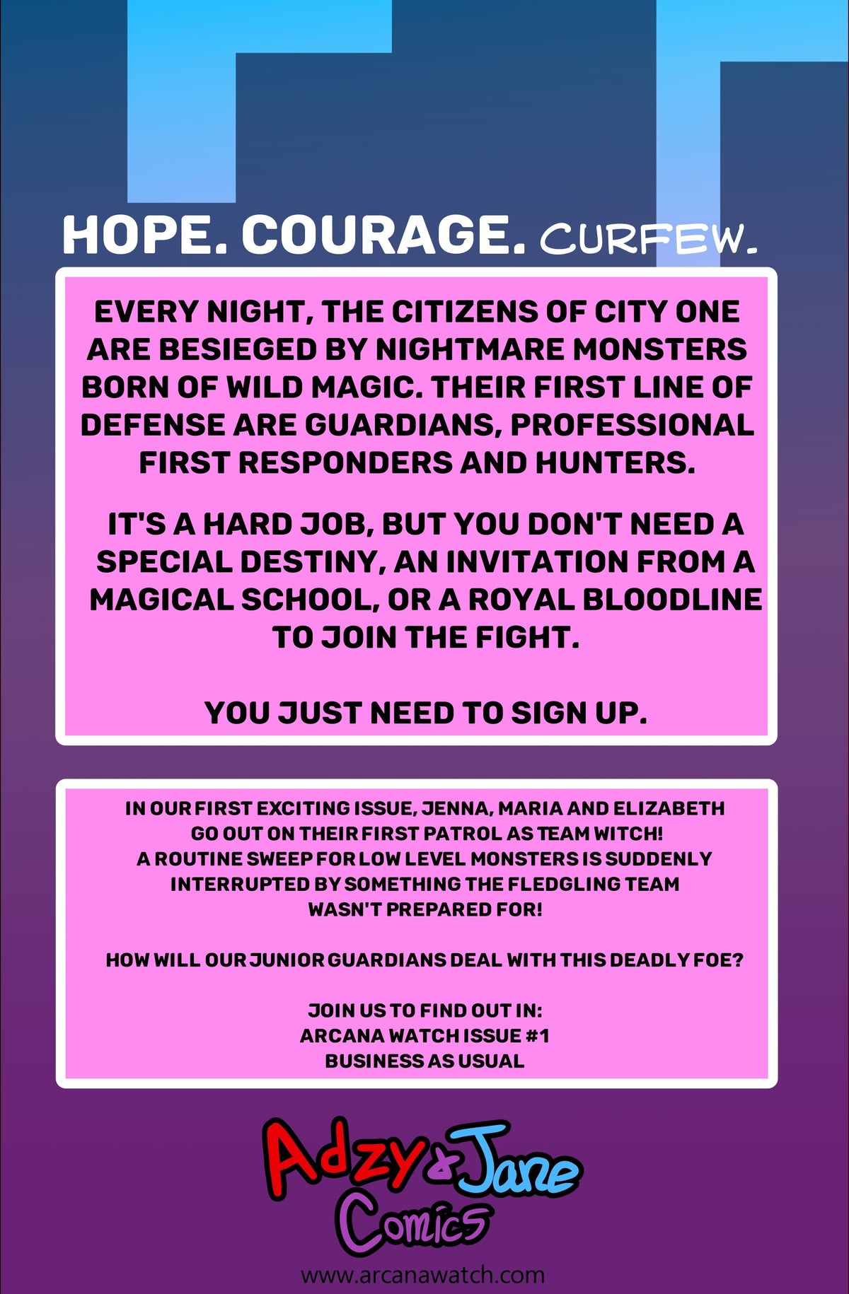 A promotional graphic for Adzy & June Comics, featuring a purple and blue background with a central pink text box containing fictional story details about 'City One' and 'Guardians' from an issue titled 'HOPE. COURAGE.