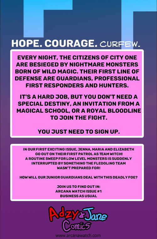 A promotional graphic for Adzy & June Comics, featuring a purple and blue background with a central pink text box containing fictional story details about 'City One' and 'Guardians' from an issue titled 'HOPE. COURAGE.